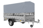 Autotransportanhänger auf Blattfedern 264×125 UNITRAILER GARDEN 264/R KIPP mit Gitterwänden, H-800 Rahmen und grauer Plane-Neu