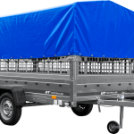 Autotransportanhänger auf Blattfedern 264×150 UNITRAILER GARDEN 265/R KIPP mit Gitterwänden, H-800 Rahmen und blauer Plane-Neu