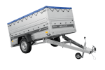 Autotransportanhänger auf Federn 230×125 UNITRAILER FORCE 230/R KIPP mit BIS-Seitenwänden, H-0-Rahmen und blauer Plane-Neu