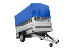 Autotransportanhänger auf Federn 230×125 UNITRAILER FORCE 230/R KIPP mit Gitterwänden, H-800 Rahmen und blauer Plane-Neu