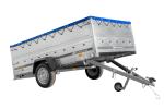 Einachsanhänger 264×150 UNITRAILER GARDEN 265 KIPP mit zusätzlichen Bordwänden, H-0-Rahmen und blauer Plane-Neu