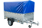 Einachsanhänger auf Blattfedern 230×125 UNITRAILER GARDEN 230/R KIPP mit BIS-Seiten, H-800-Rahmen und blauer Plane-Neu