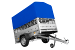 Einachsanhänger auf Federn 200×125 UNITRAILER GARDEN 201/R KIPP mit Gitterwänden, H-800-Rahmen und blauer Plane-Neu