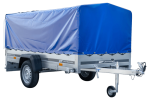 Einachsanhänger mit Blattfedern 264×125 UNITRAILER GARDEN 264/R KIPP mit H-800-Rahmen und blauer Plane-Neu