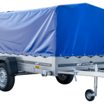 Einachsanhänger mit Blattfedern 264×125 UNITRAILER GARDEN 264/R KIPP mit H-800-Rahmen und blauer Plane-Neu