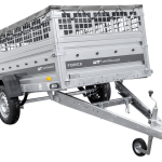 Einachsiger Anhänger auf Blattfedern 264×125 UNITRAILER FORCE 264/R KIPP mit Gitterseitenwänden, H-0-Rahmen und grauer Plane-Neu