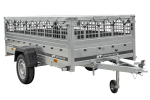 Einachsiger Anhänger auf Blattfedern 264×125 UNITRAILER GARDEN 264/R KIPP mit Gitterseitenwänden, H-0-Rahmen und grauer Plane-Neu