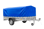Einachsiger Anhänger auf Blattfedern 264×150 UNITRAILER GARDEN 265/R KIPP mit H-800 Rahmen und blauer Plane-Neu