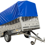 Planenanhänger 230×125 Garden Trailer 230 KIPP mit Laubgitteraufsatz, blauer Hochplane, Hochspriegel und Stützrad-Neu